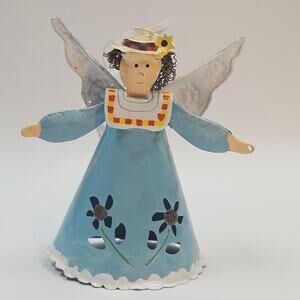 Vintage RARE Blue Metal Angel in Hat Ornament  Cutout design Country Rustic